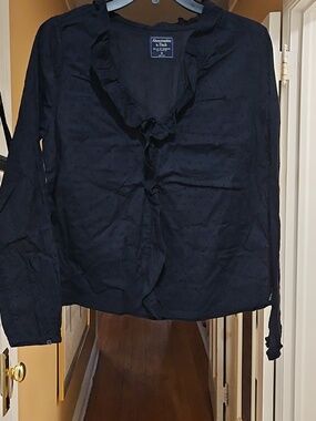 Abercrombie & Fitch Navy Ruffle V-Neck Button Blouse